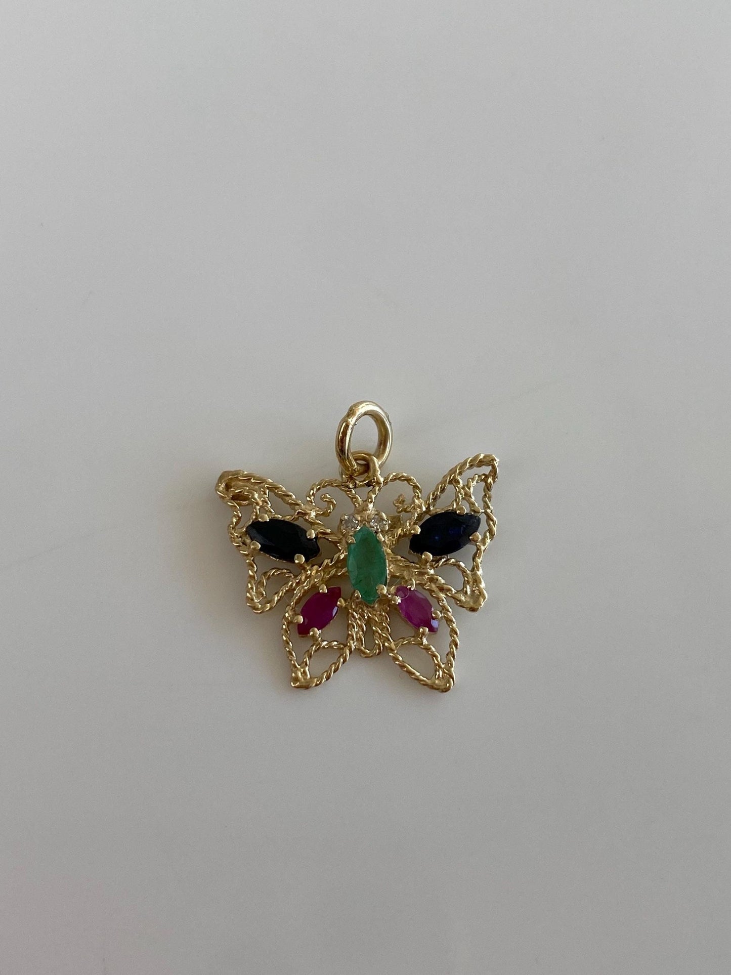 Vintage Solid 10k Yellow Gold Diamond Emerald Blue Sapphire Ruby Filigree Butterfly Charm