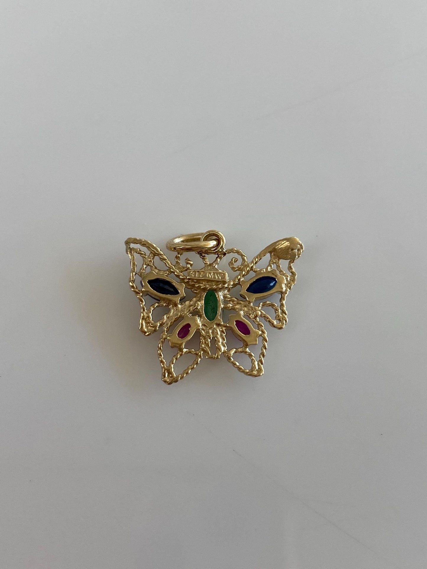Vintage Solid 10k Yellow Gold Diamond Emerald Blue Sapphire Ruby Filigree Butterfly Charm