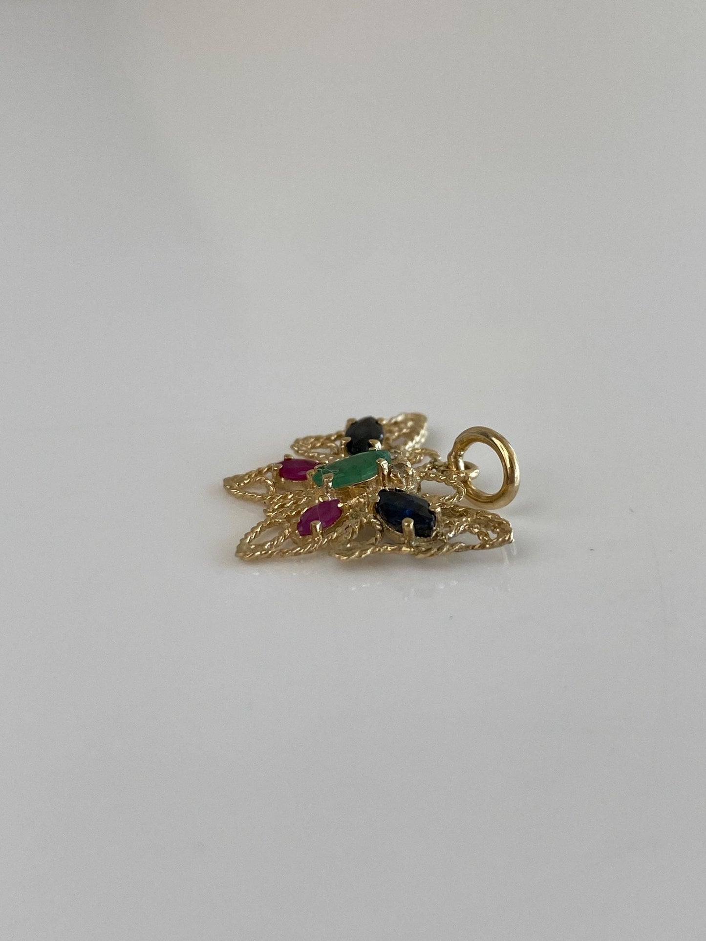 Vintage Solid 10k Yellow Gold Diamond Emerald Blue Sapphire Ruby Filigree Butterfly Charm