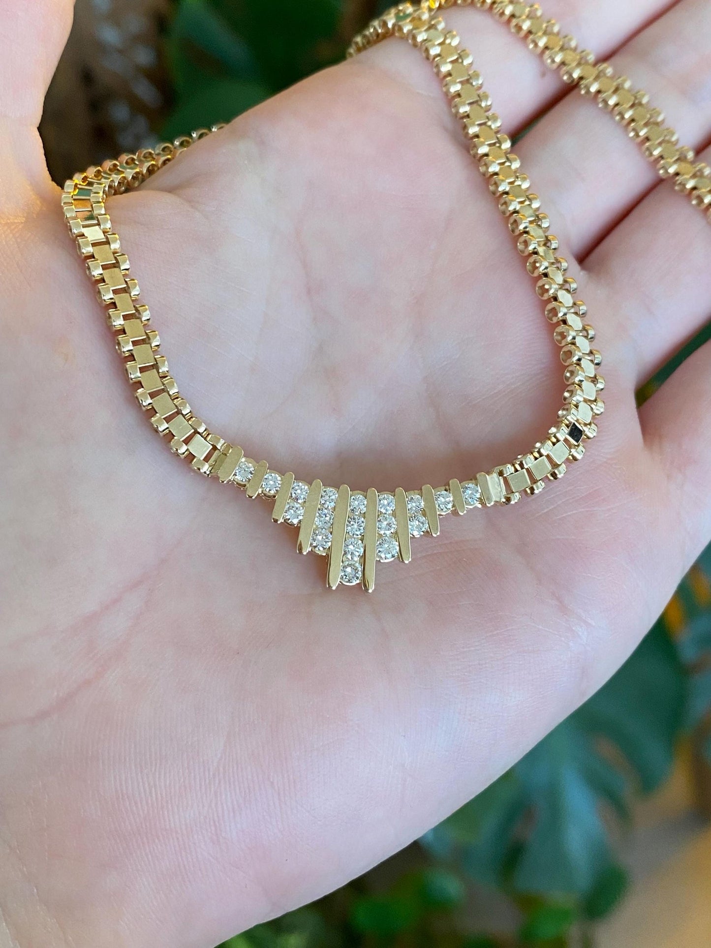 Vintage Solid 14k Yellow Gold Diamond Fancy Link Chain Necklace - 15.25 inches