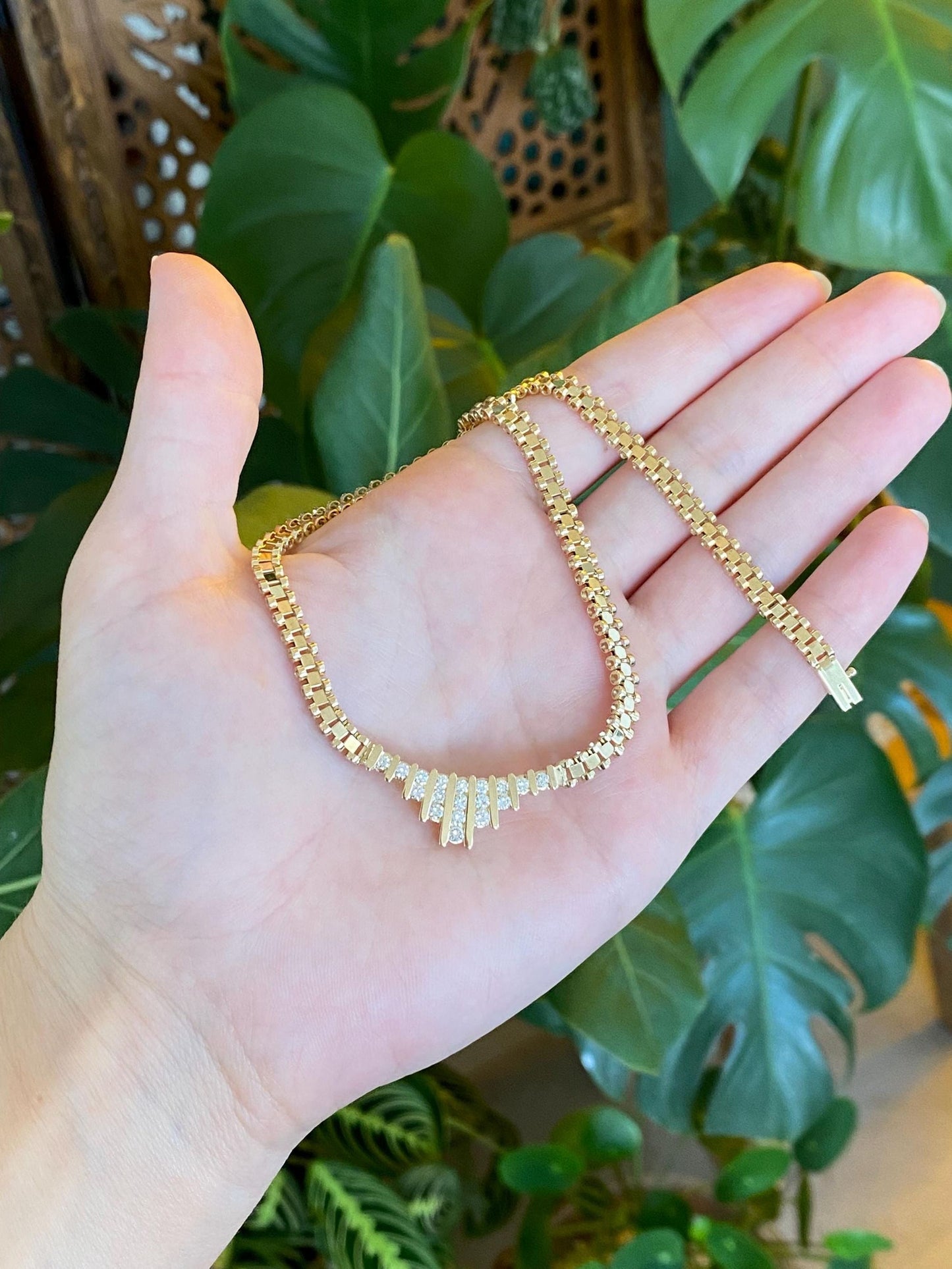 Vintage Solid 14k Yellow Gold Diamond Fancy Link Chain Necklace - 15.25 inches