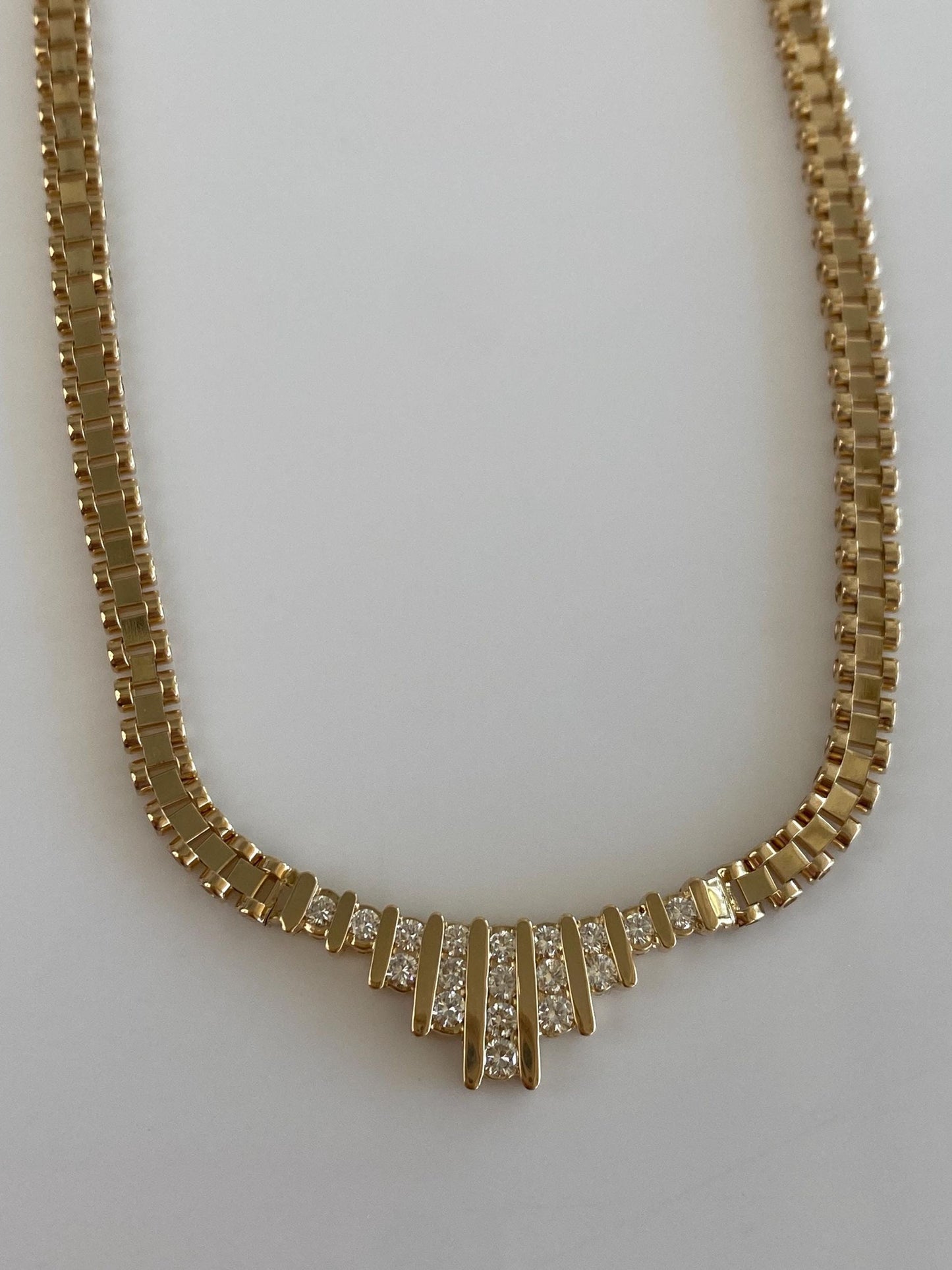 Vintage Solid 14k Yellow Gold Diamond Fancy Link Chain Necklace - 15.25 inches