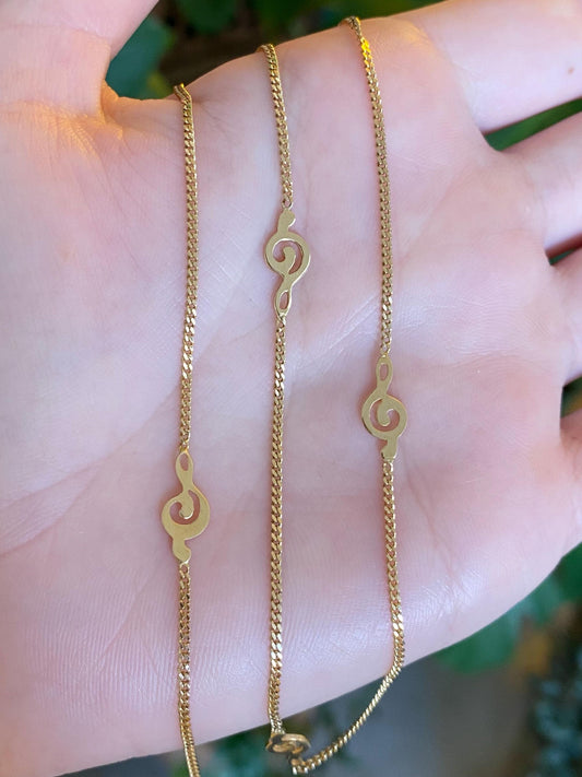 Vintage Solid 18k Yellow Gold Music Symbol Curb Chain Necklace - 16.25 inches