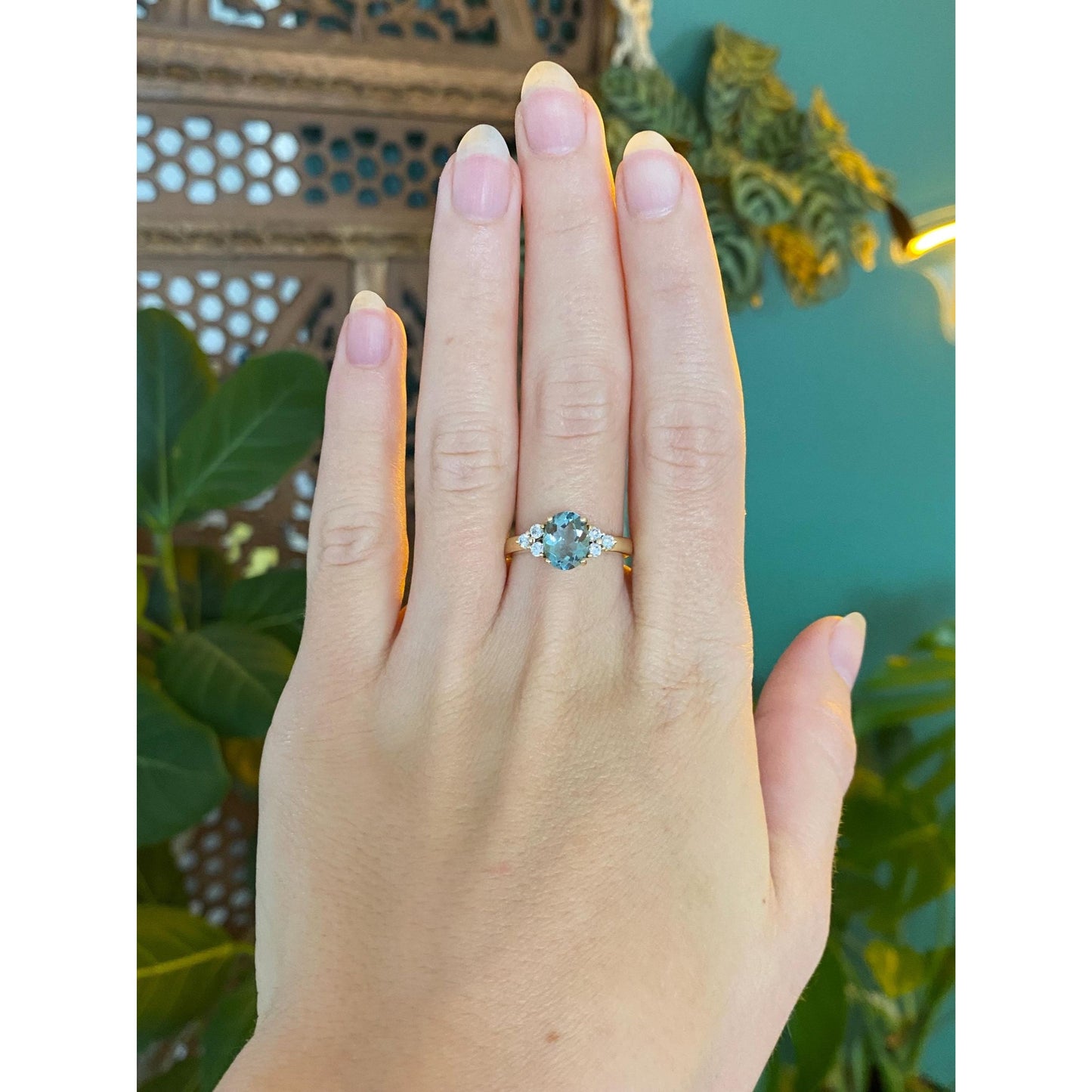 Solid 14k Yellow Gold Diamond Clear &  Light Blue Cubic Zirconia Ring - Size 7.25