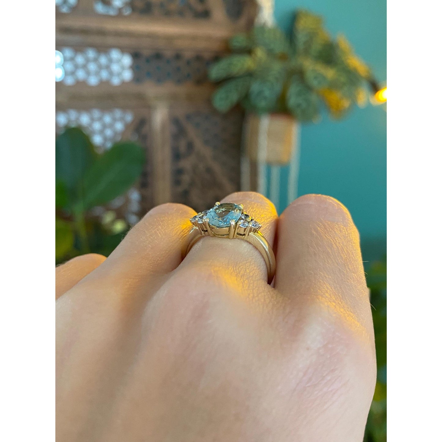 Solid 14k Yellow Gold Diamond Clear &  Light Blue Cubic Zirconia Ring - Size 7.25