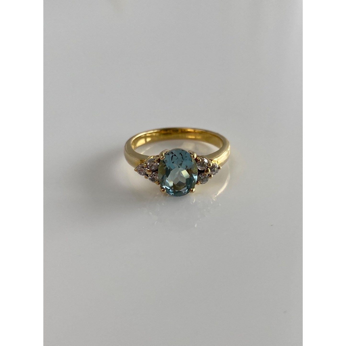 Solid 14k Yellow Gold Diamond Clear &  Light Blue Cubic Zirconia Ring - Size 7.25