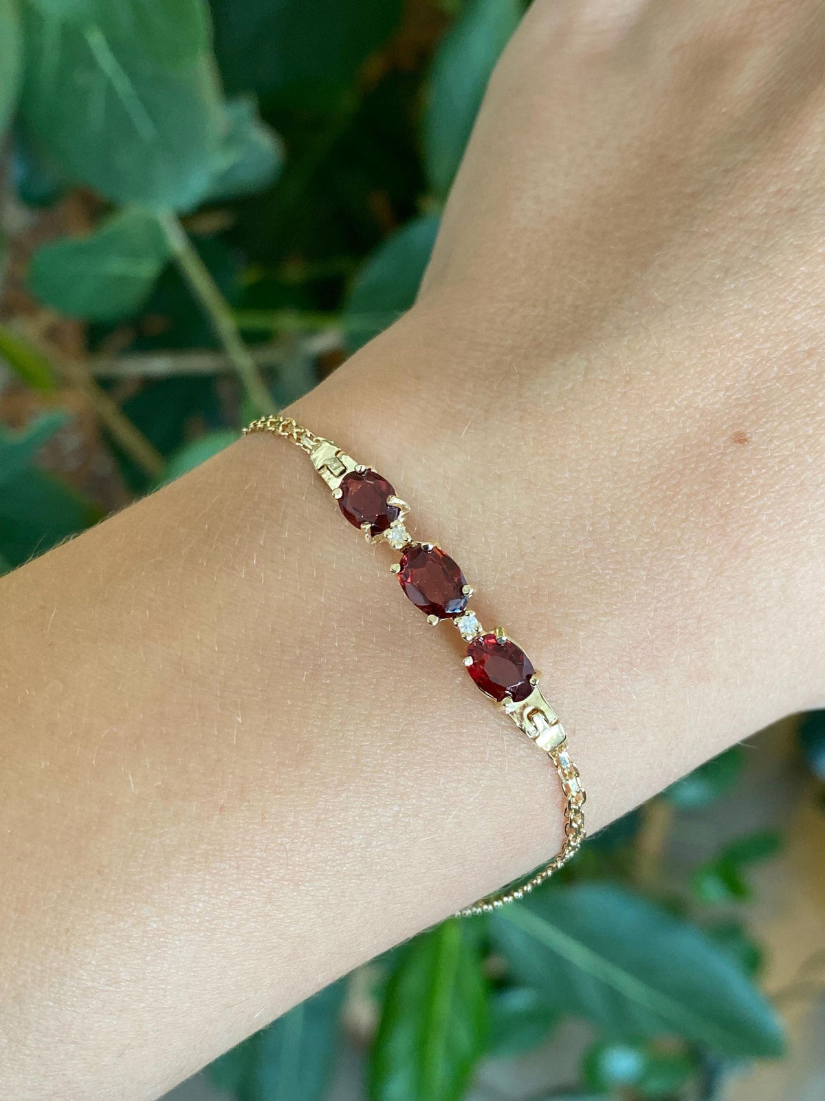 Vintage Solid 14k Yellow Gold Garnet Diamonds Bismark Chain Bracelet - 7.5 inches