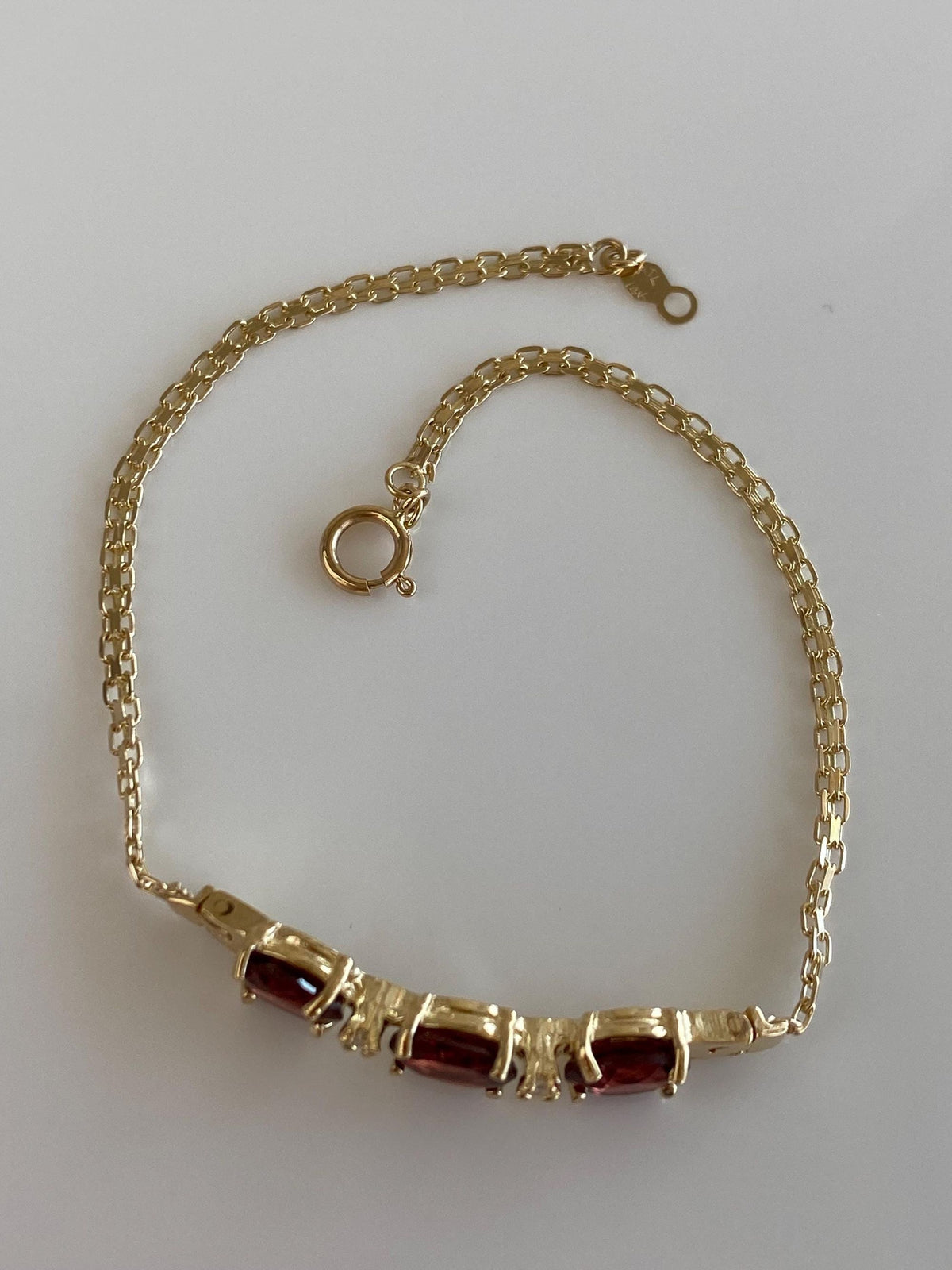 Vintage Solid 14k Yellow Gold Garnet Diamonds Bismark Chain Bracelet - 7.5 inches