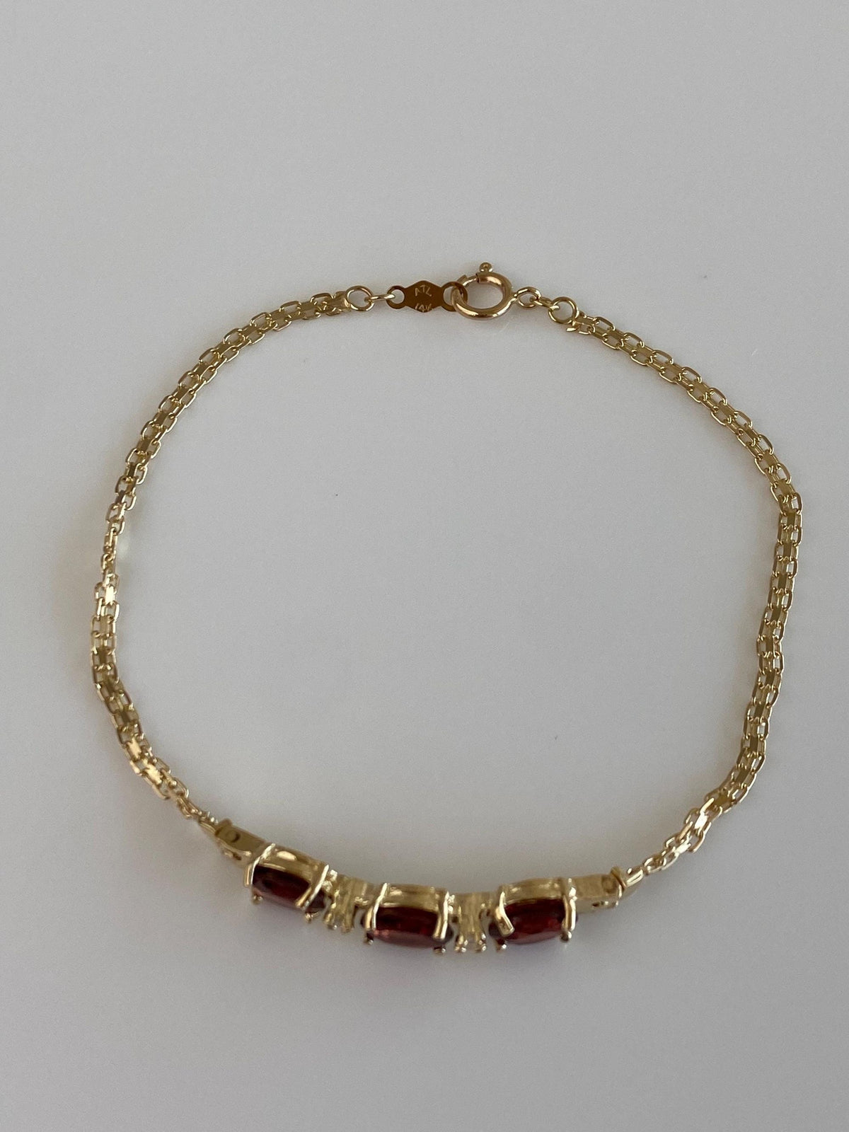 Vintage Solid 14k Yellow Gold Garnet Diamonds Bismark Chain Bracelet - 7.5 inches