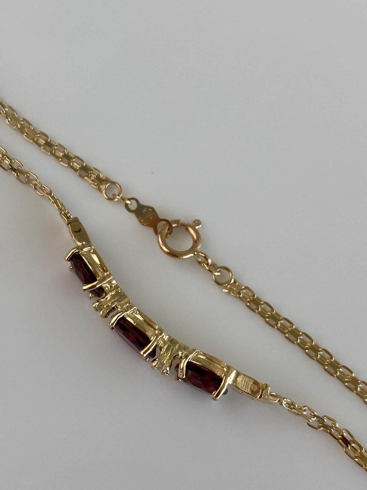 Vintage Solid 14k Yellow Gold Garnet Diamonds Bismark Chain Bracelet - 7.5 inches