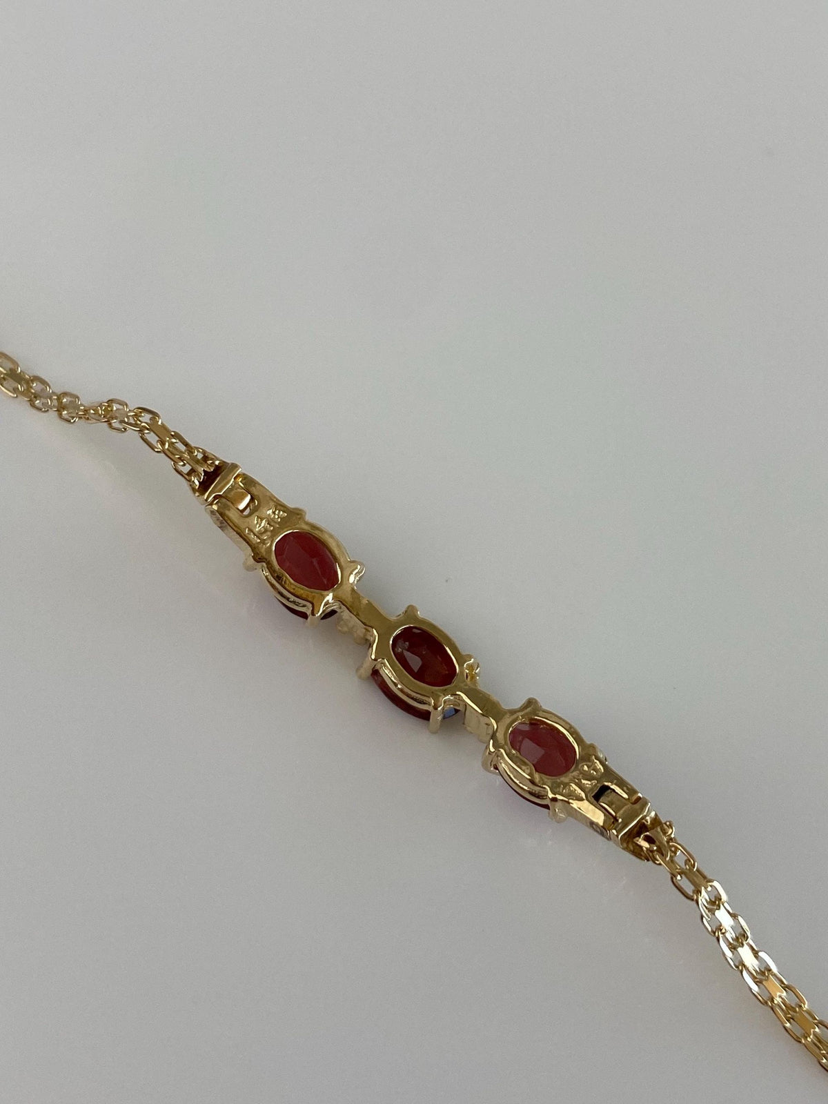 Vintage Solid 14k Yellow Gold Garnet Diamonds Bismark Chain Bracelet - 7.5 inches