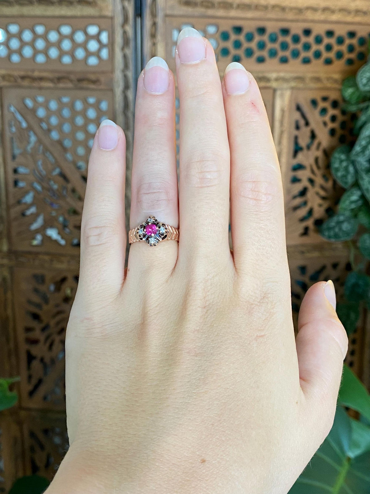 Vintage Solid 10k Rose Gold Diamonds Pink Sapphire Designed Ring - Size 5