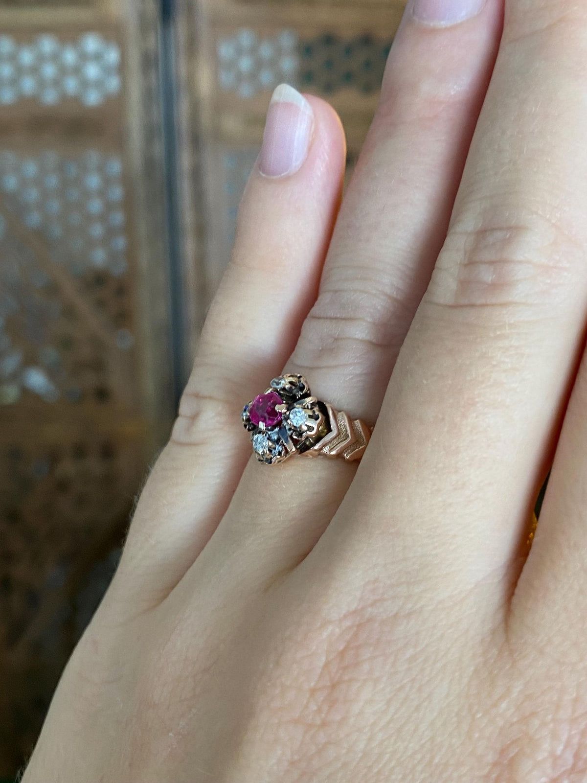 Vintage Solid 10k Rose Gold Diamonds Pink Sapphire Designed Ring - Size 5