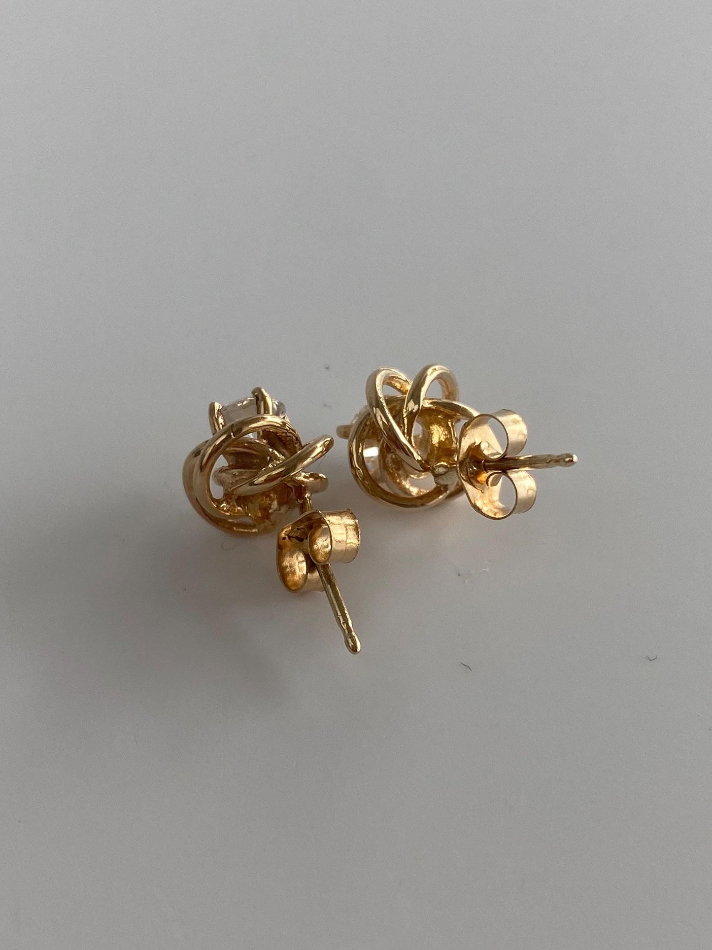 Vintage Solid 14k Yellow Gold Cubic Zirconia Knot Stud Earrings