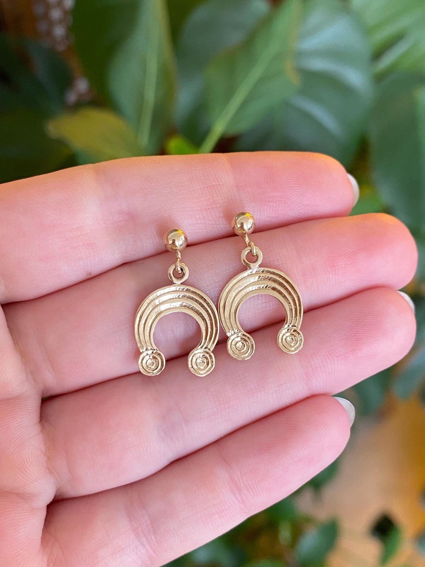 Vintage Solid 9k Yellow Gold Rainbow Dangle Stud Earrings