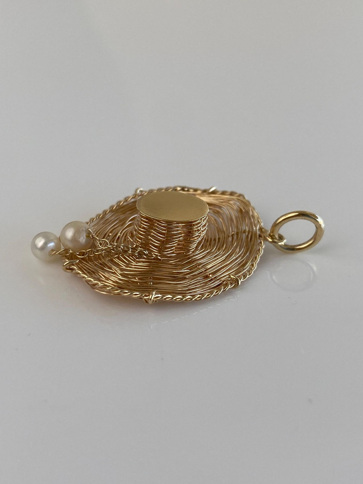 Vintage Solid 14k Yellow Gold Pearls Wire Wrapped Hat Charm
