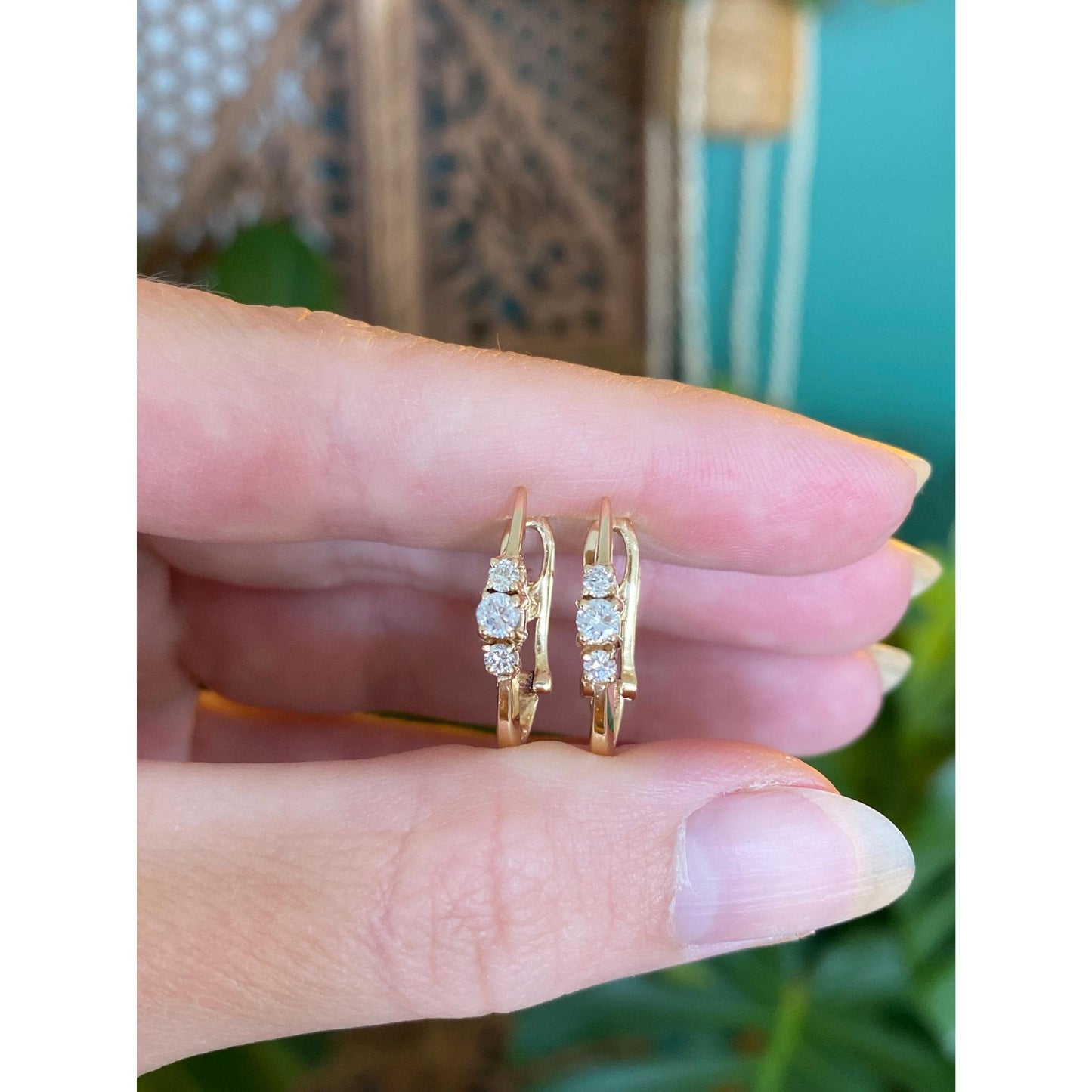 Vintage Solid 14k Yellow Gold Diamond Drop Earrings