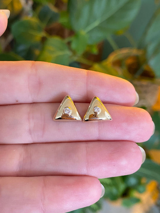 Vintage Solid 14k Yellow Gold Diamond Triangle Stud Earrings
