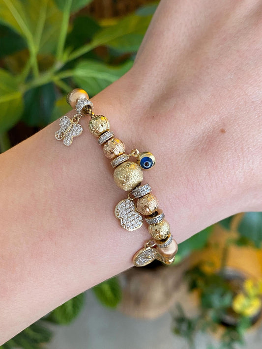 Vintage Solid 14k Tri Tone Gold Cubic Zirconia Evil Eye Charm Bracelet - 6.75 inches
