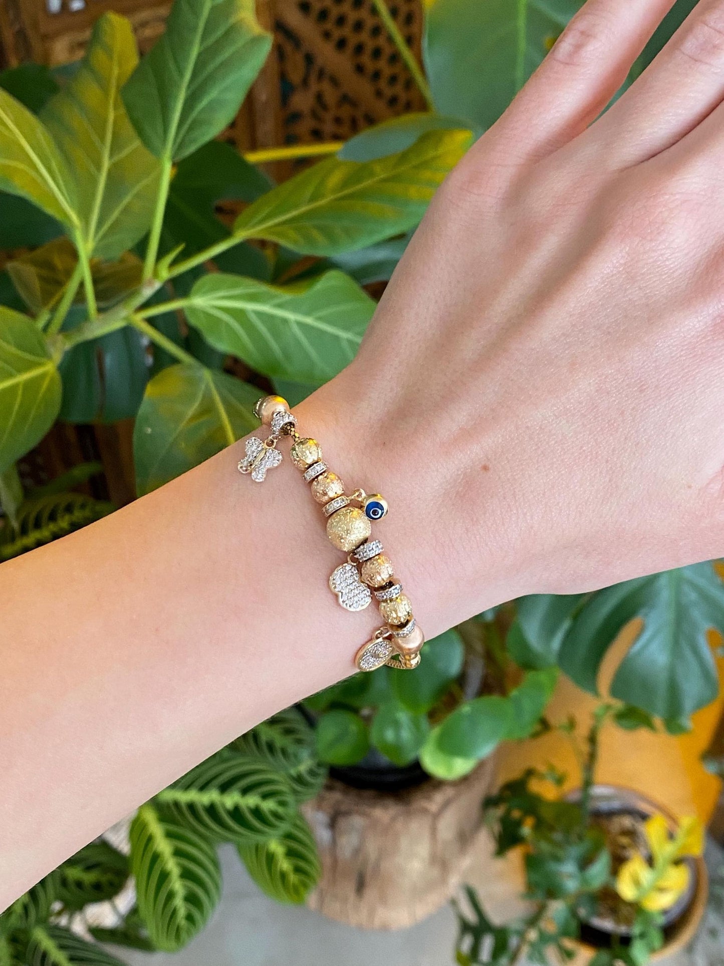 Vintage Solid 14k Tri Tone Gold Cubic Zirconia Evil Eye Charm Bracelet - 6.75 inches