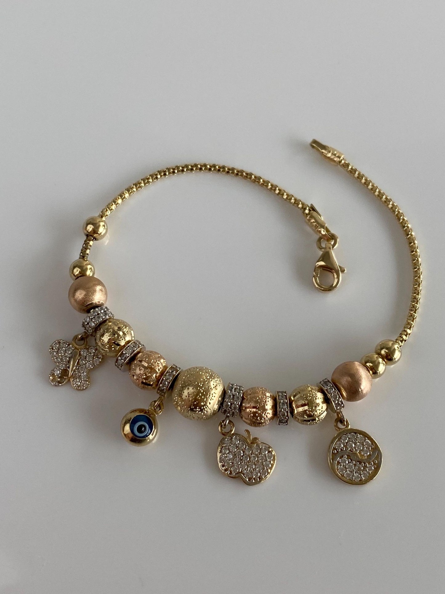 Vintage Solid 14k Tri Tone Gold Cubic Zirconia Evil Eye Charm Bracelet - 6.75 inches