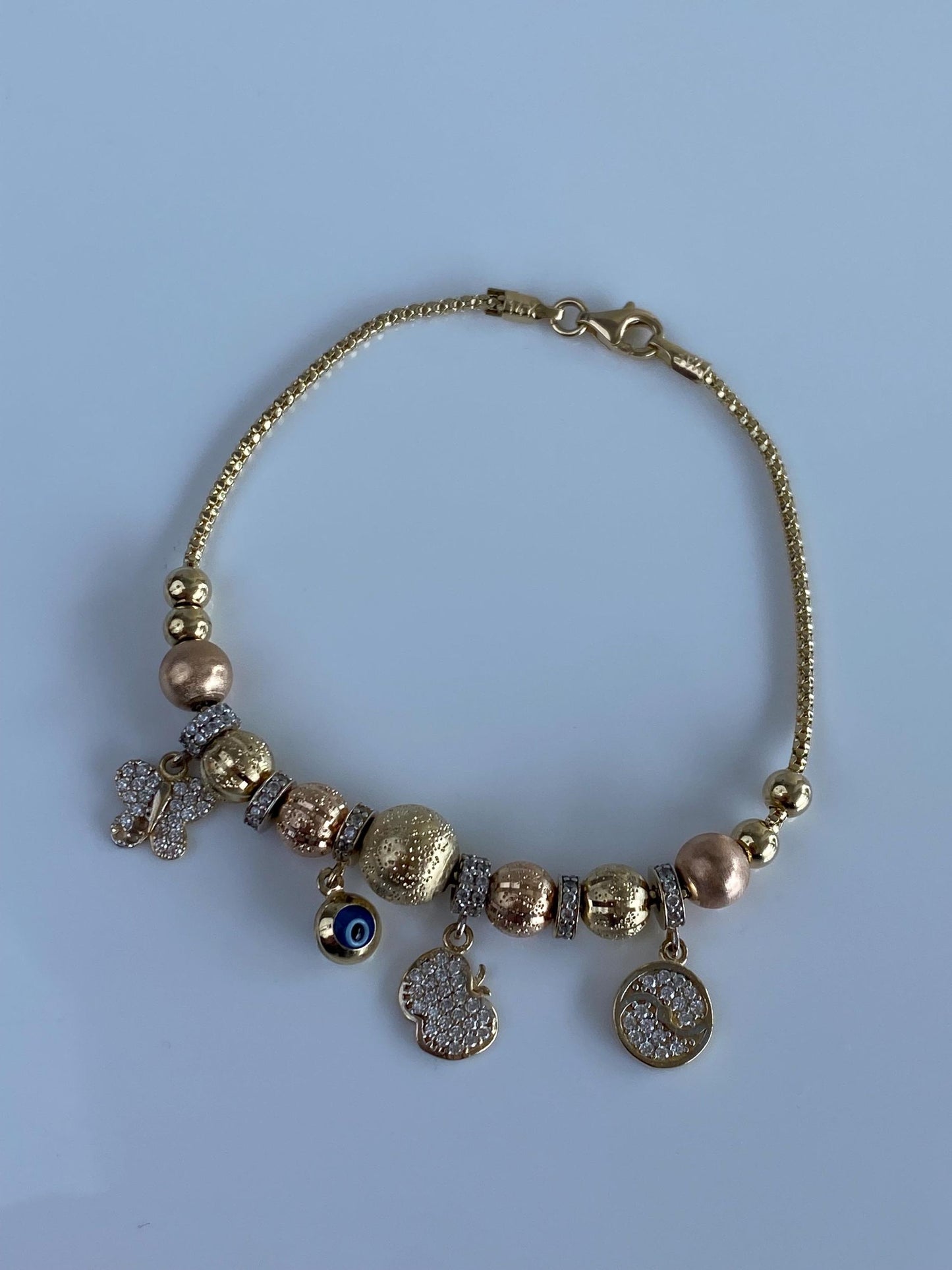 Vintage Solid 14k Tri Tone Gold Cubic Zirconia Evil Eye Charm Bracelet - 6.75 inches