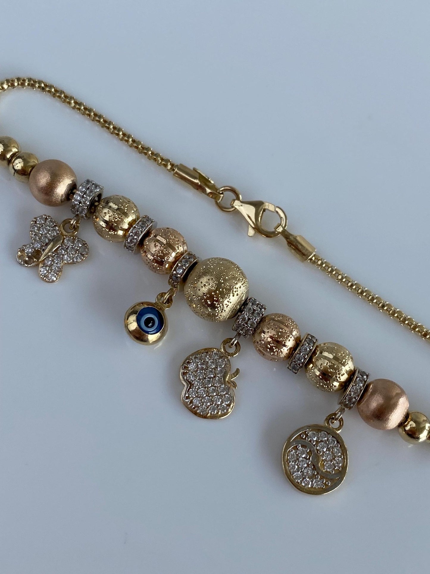 Vintage Solid 14k Tri Tone Gold Cubic Zirconia Evil Eye Charm Bracelet - 6.75 inches