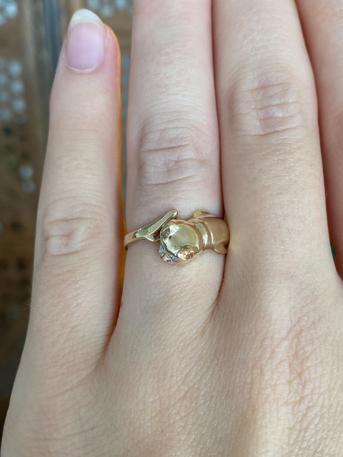 Vintage Solid 10k Yellow Gold Diamond Eyes Cat Ring - Size 5.5