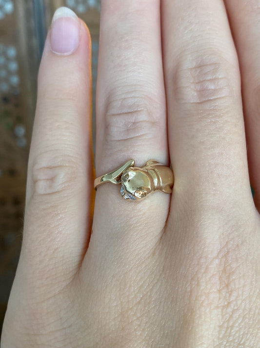 Vintage Solid 10k Yellow Gold Diamond Eyes Cat Ring - Size 5.5