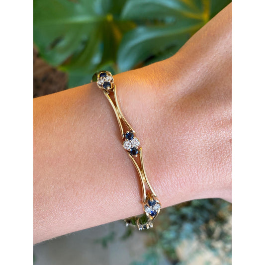 Solid 14k Yellow Gold Diamond Blue Sapphire Link Bracelet - 7.5 inches