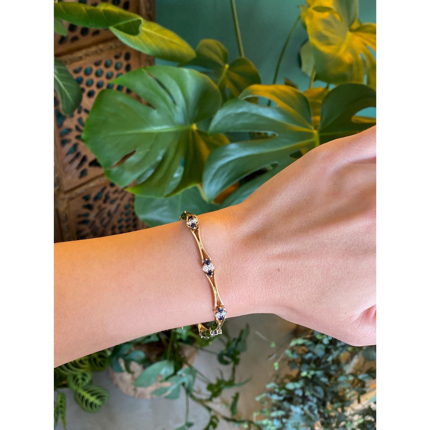 Solid 14k Yellow Gold Diamond Blue Sapphire Link Bracelet - 7.5 inches