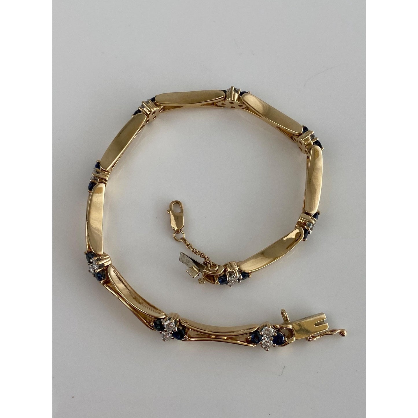 Solid 14k Yellow Gold Diamond Blue Sapphire Link Bracelet - 7.5 inches