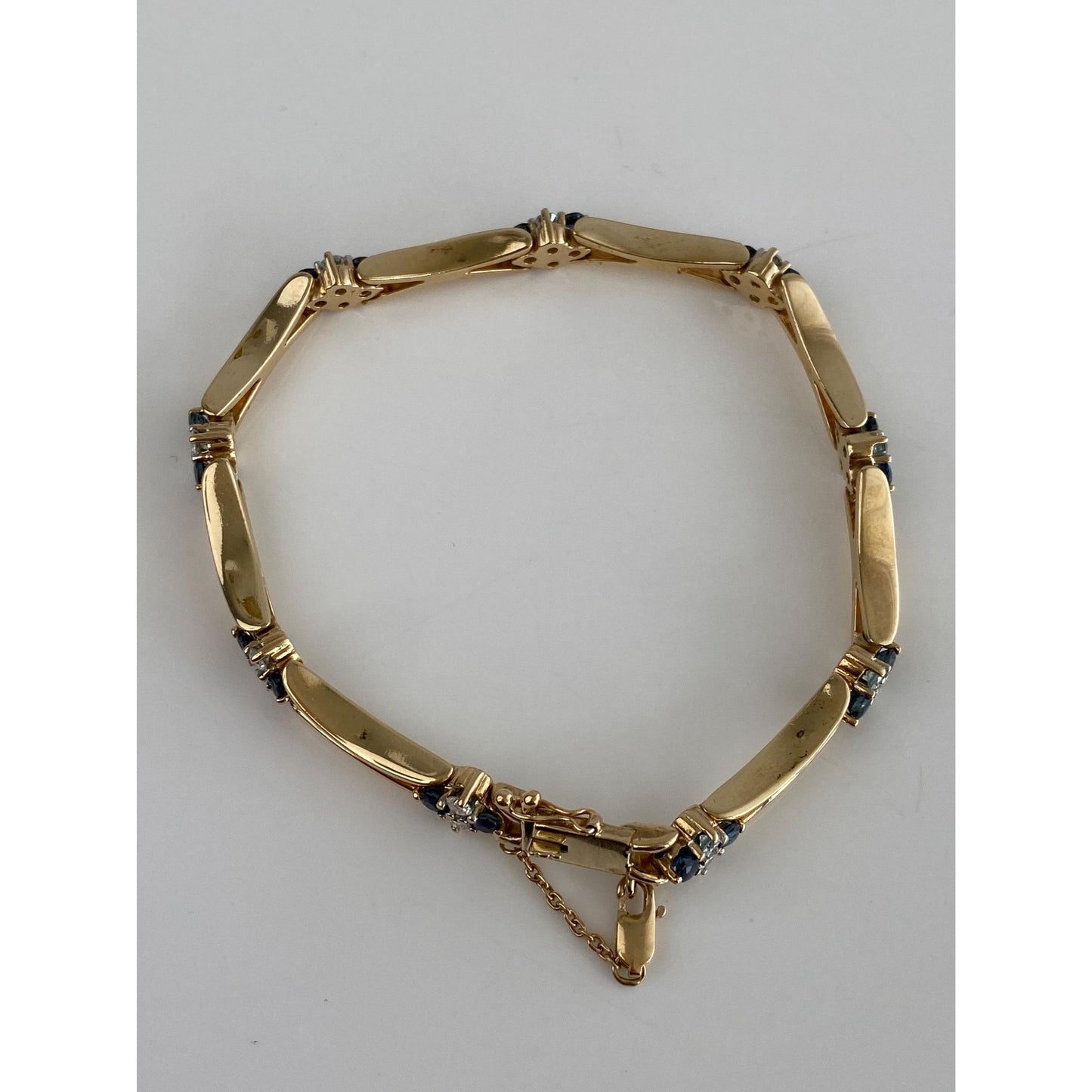 Solid 14k Yellow Gold Diamond Blue Sapphire Link Bracelet - 7.5 inches