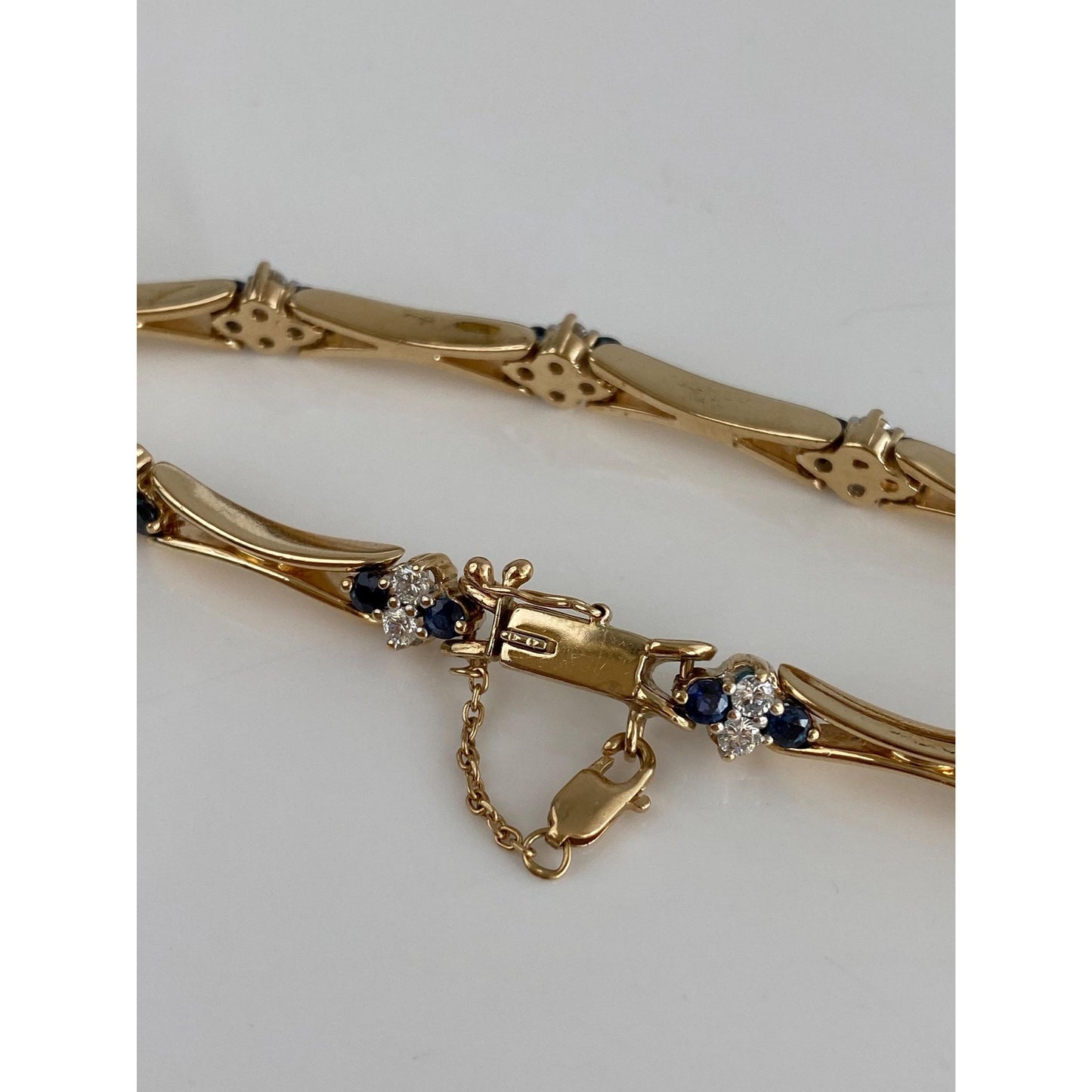 Solid 14k Yellow Gold Diamond Blue Sapphire Link Bracelet - 7.5 inches