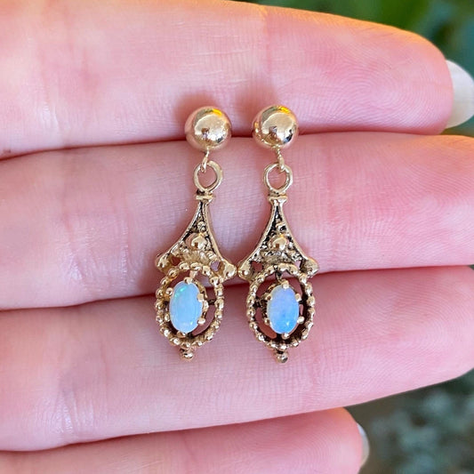 Vintage Solid 14k Yellow Gold Opal Dangle Stud Earrings