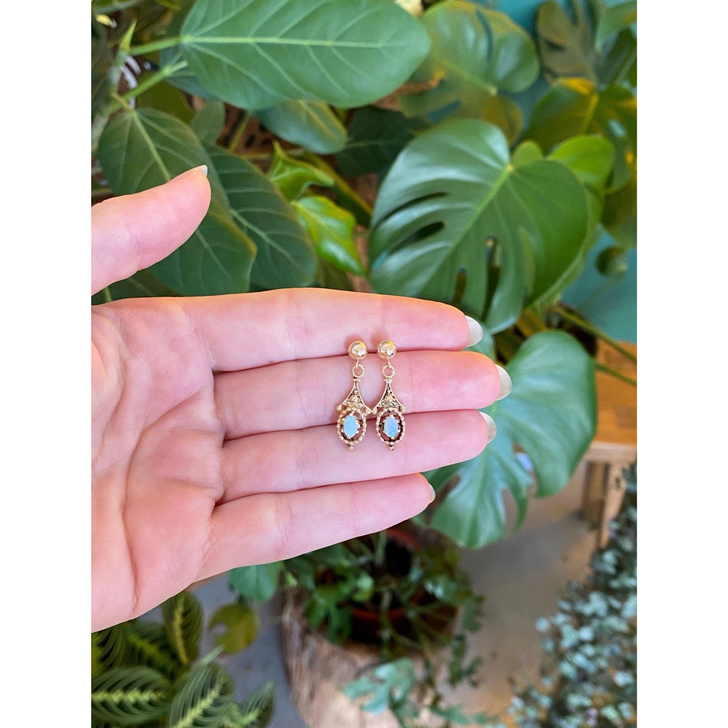 Vintage Solid 14k Yellow Gold Opal Dangle Stud Earrings