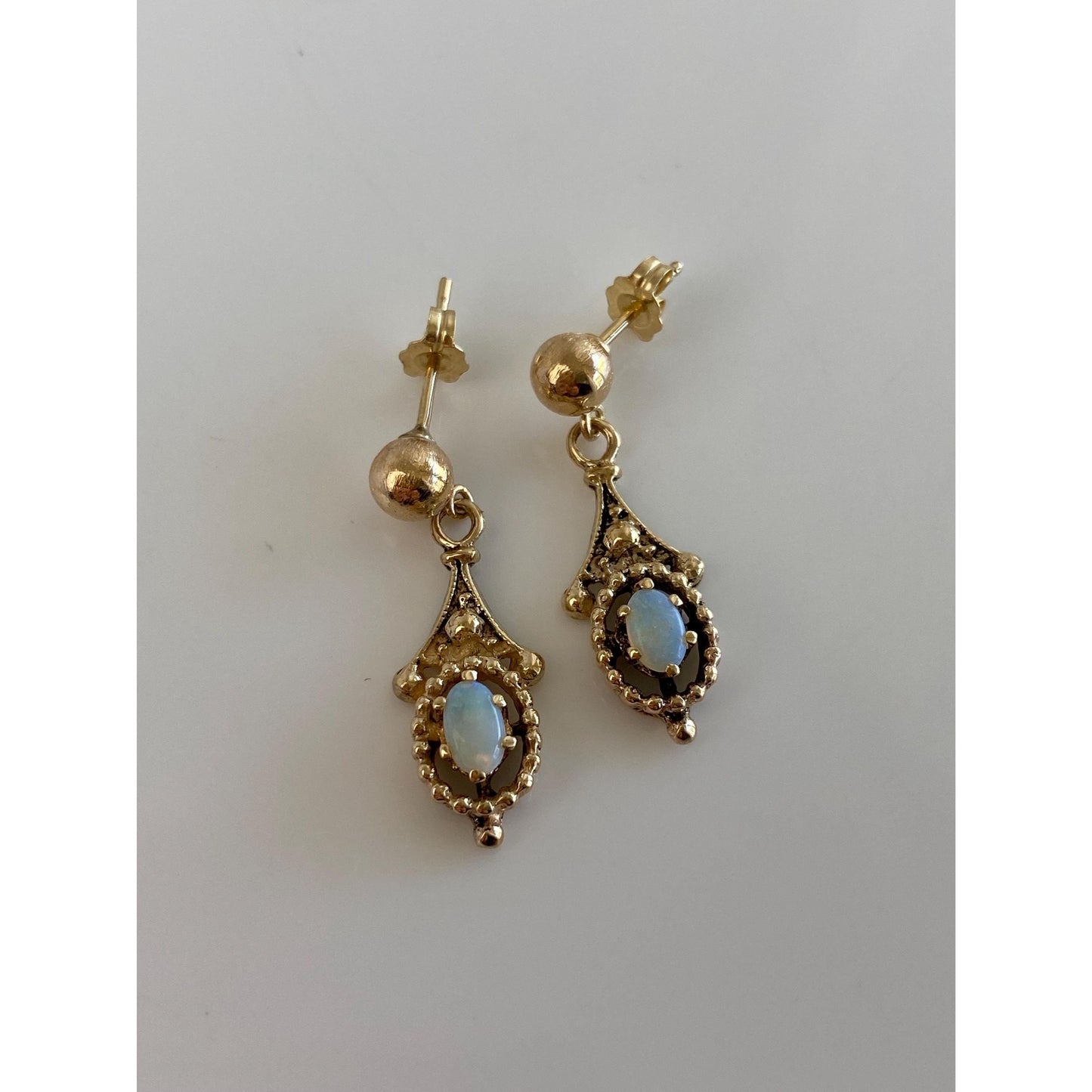 Vintage Solid 14k Yellow Gold Opal Dangle Stud Earrings
