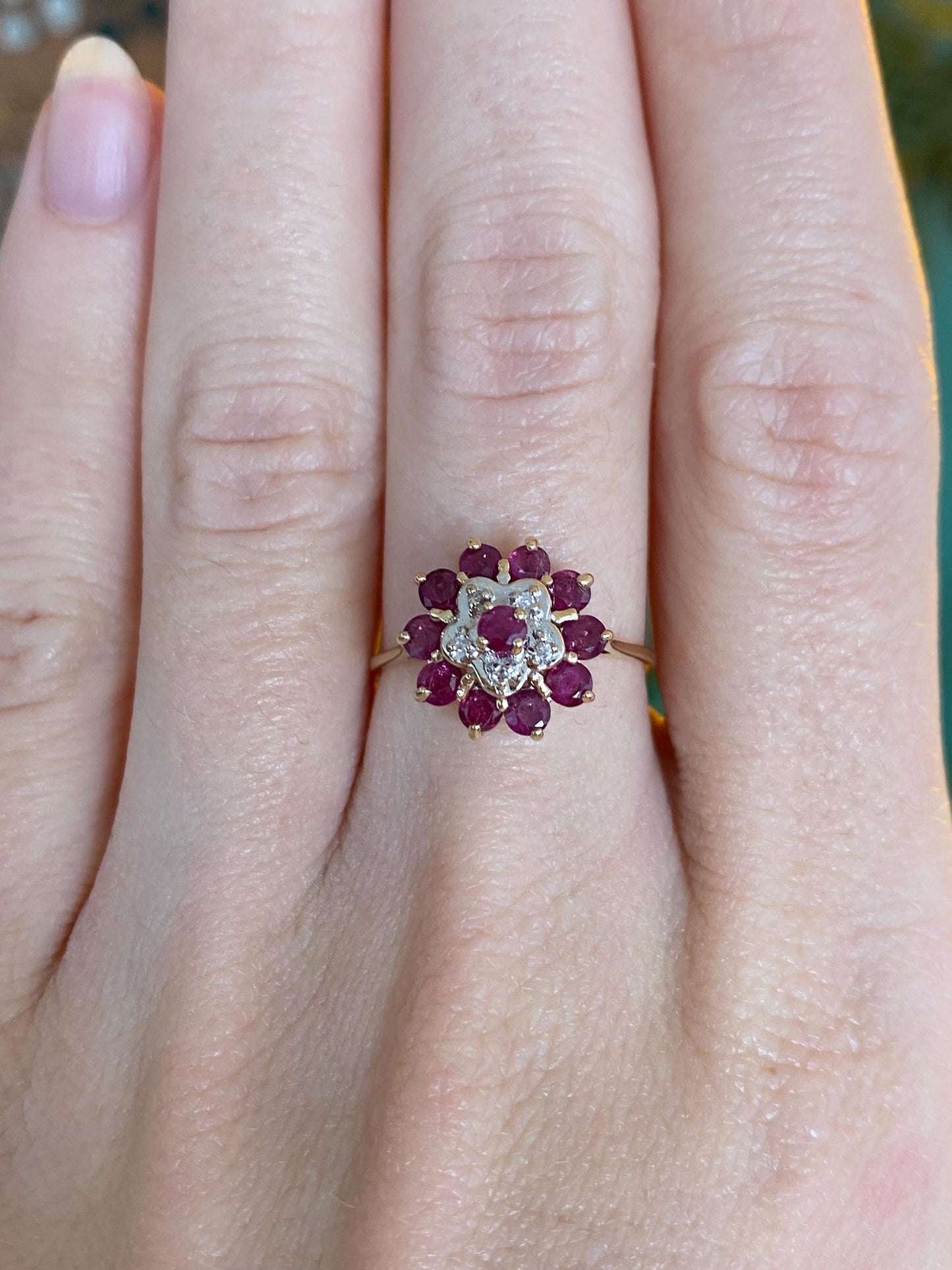 Vintage Solid 14k White & Yellow Gold Diamond Ruby Cluster Ring - Size 6.75