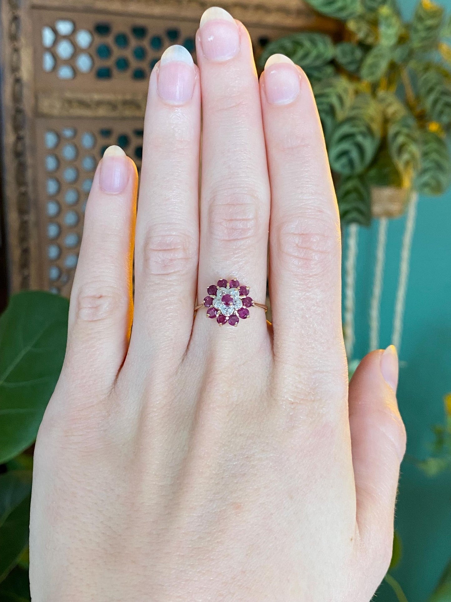 Vintage Solid 14k White & Yellow Gold Diamond Ruby Cluster Ring - Size 6.75