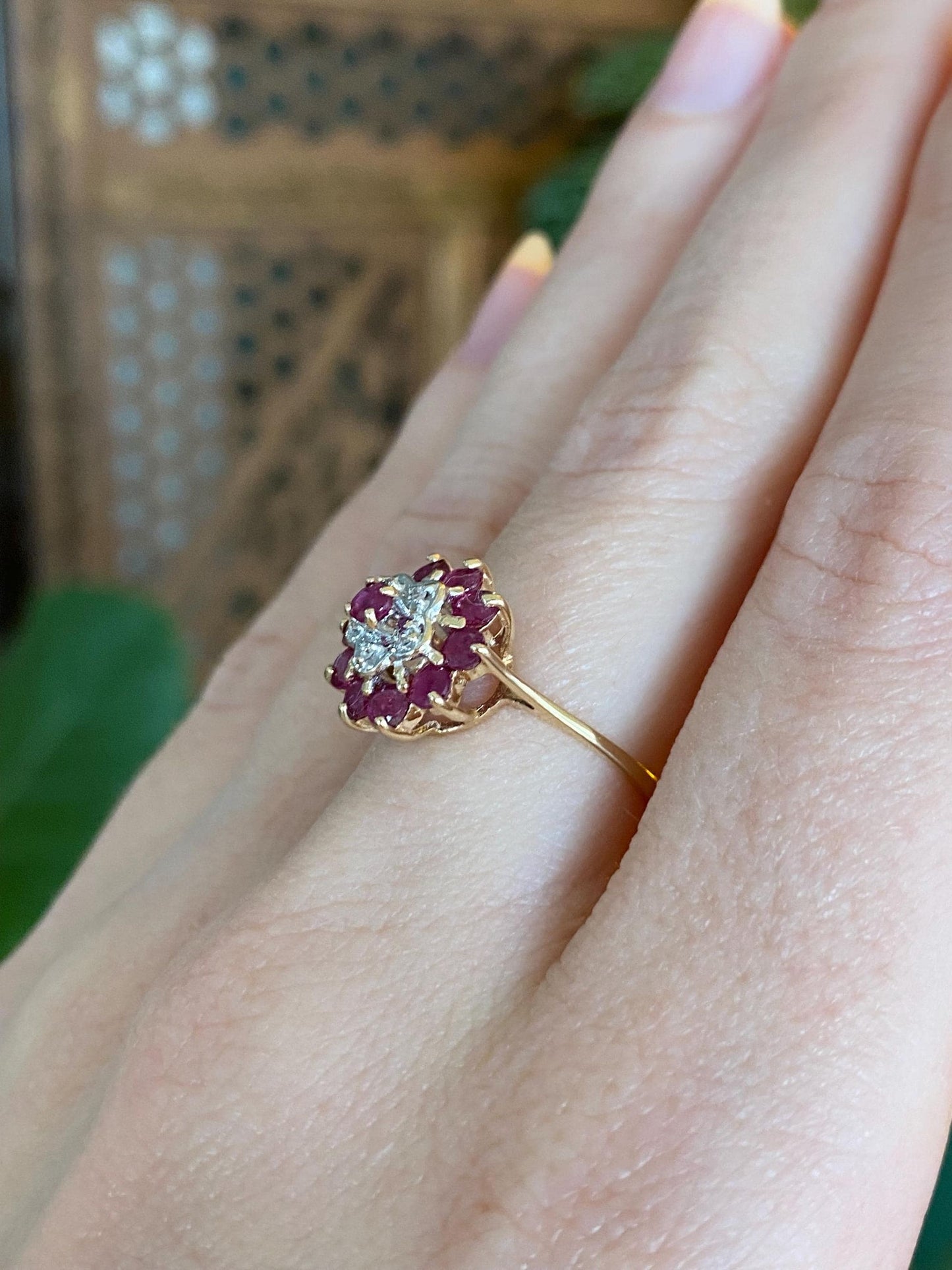 Vintage Solid 14k White & Yellow Gold Diamond Ruby Cluster Ring - Size 6.75
