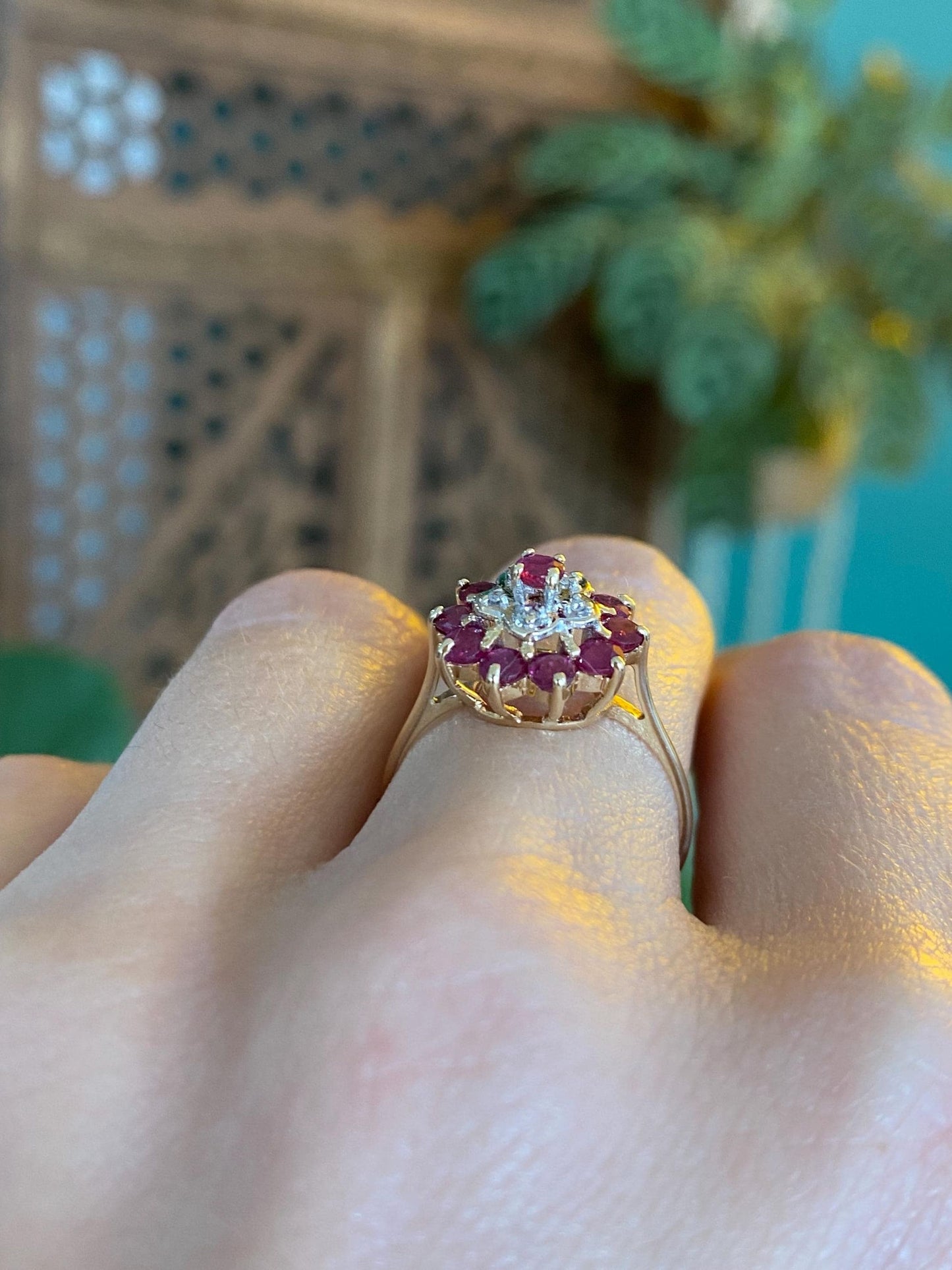 Vintage Solid 14k White & Yellow Gold Diamond Ruby Cluster Ring - Size 6.75