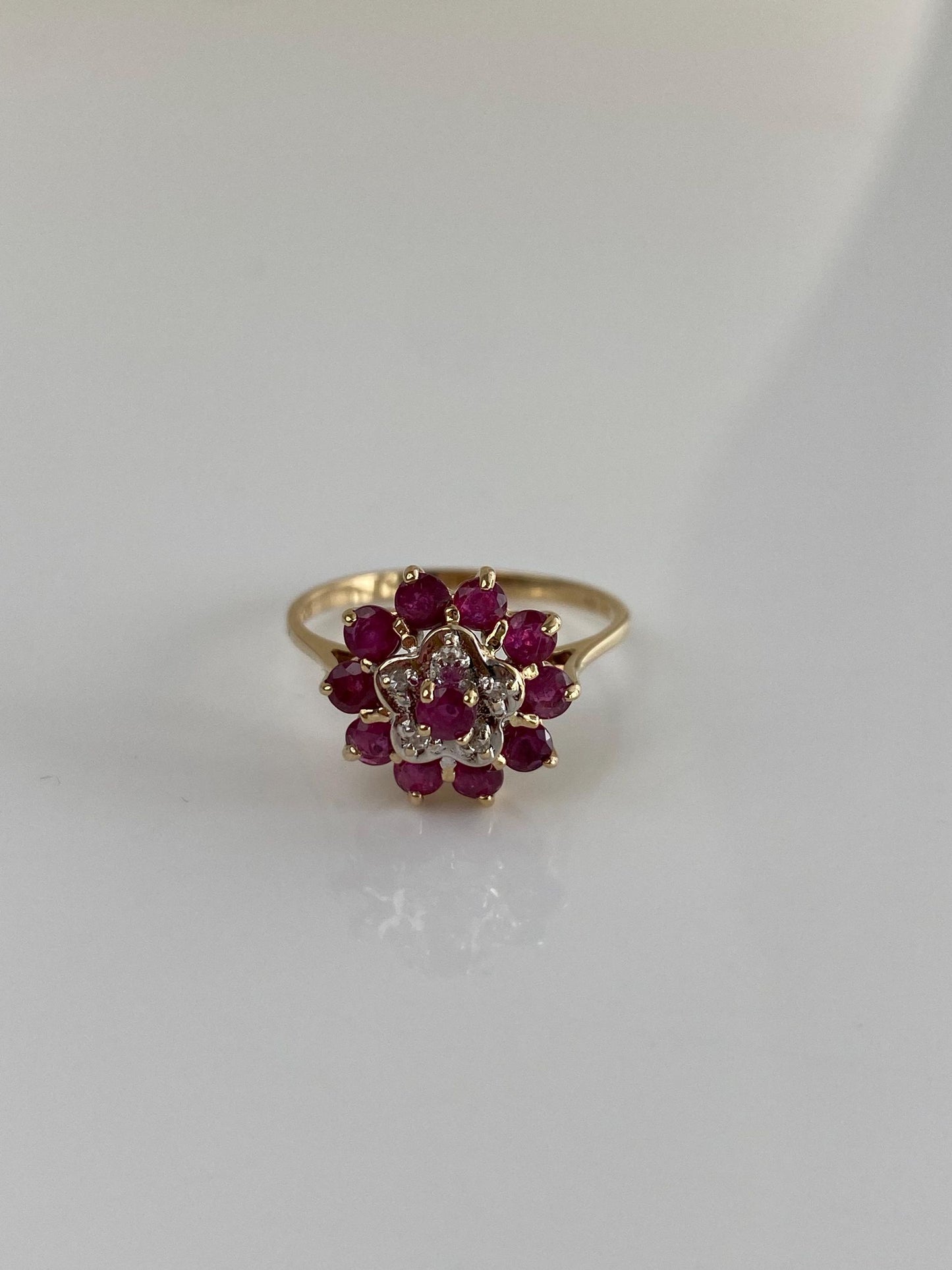 Vintage Solid 14k White & Yellow Gold Diamond Ruby Cluster Ring - Size 6.75