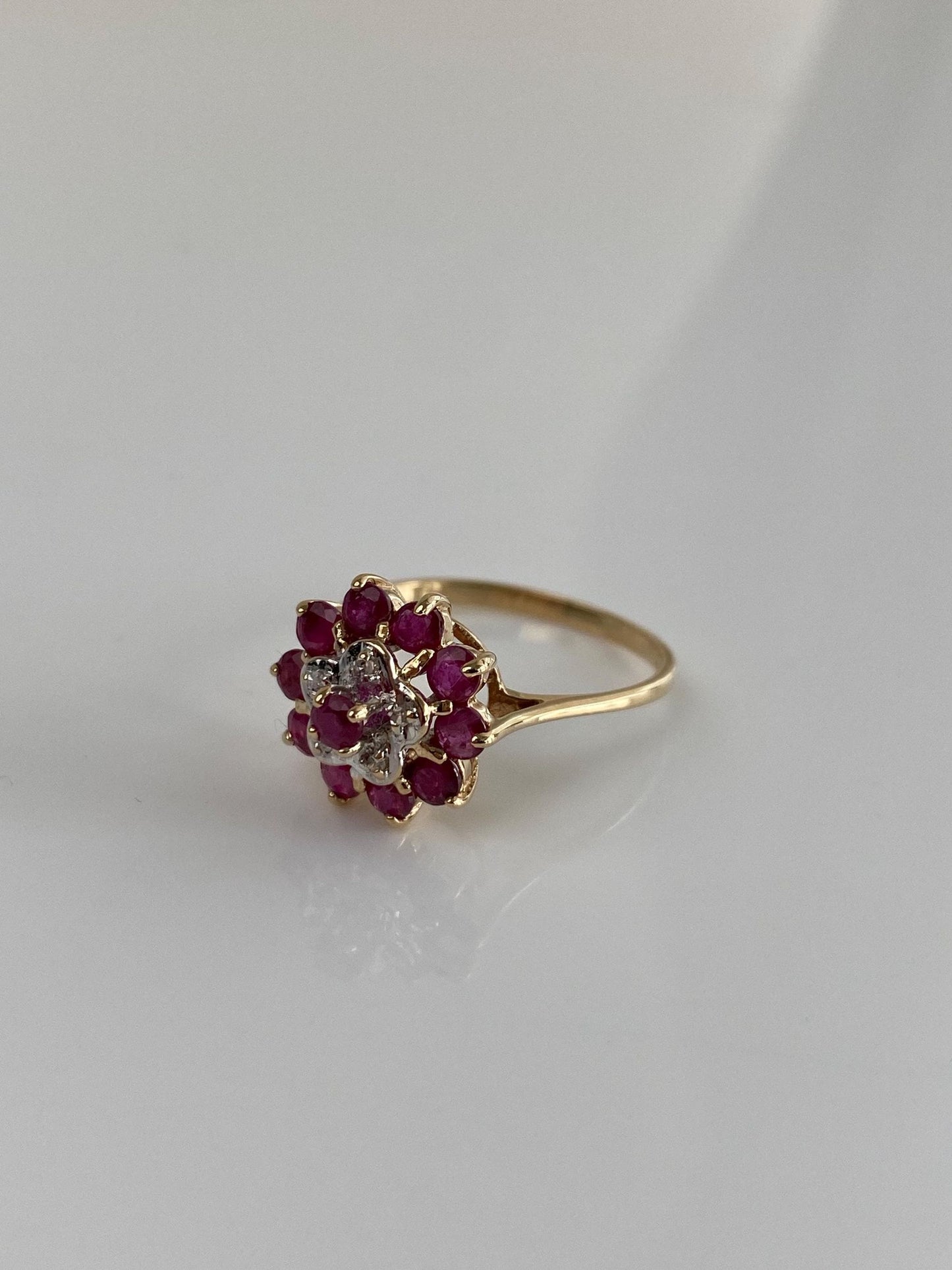 Vintage Solid 14k White & Yellow Gold Diamond Ruby Cluster Ring - Size 6.75