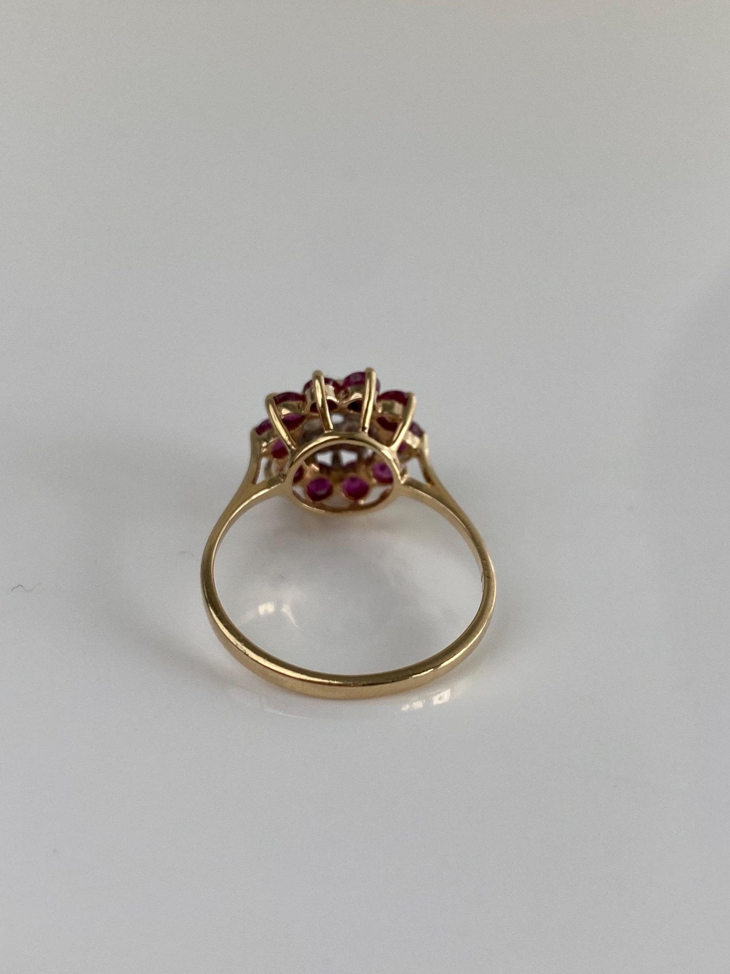 Vintage Solid 14k White & Yellow Gold Diamond Ruby Cluster Ring - Size 6.75