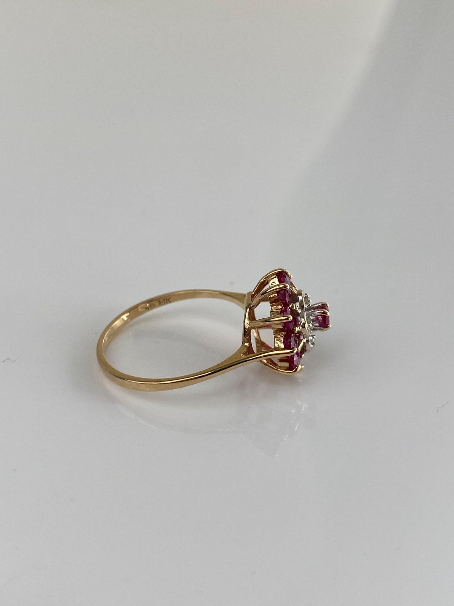 Vintage Solid 14k White & Yellow Gold Diamond Ruby Cluster Ring - Size 6.75