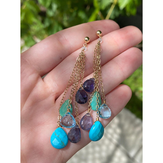 Vintage Solid 14k Yellow Gold Topaz Turquoise Amethyst Bead Chain Dangle Stud Earrings