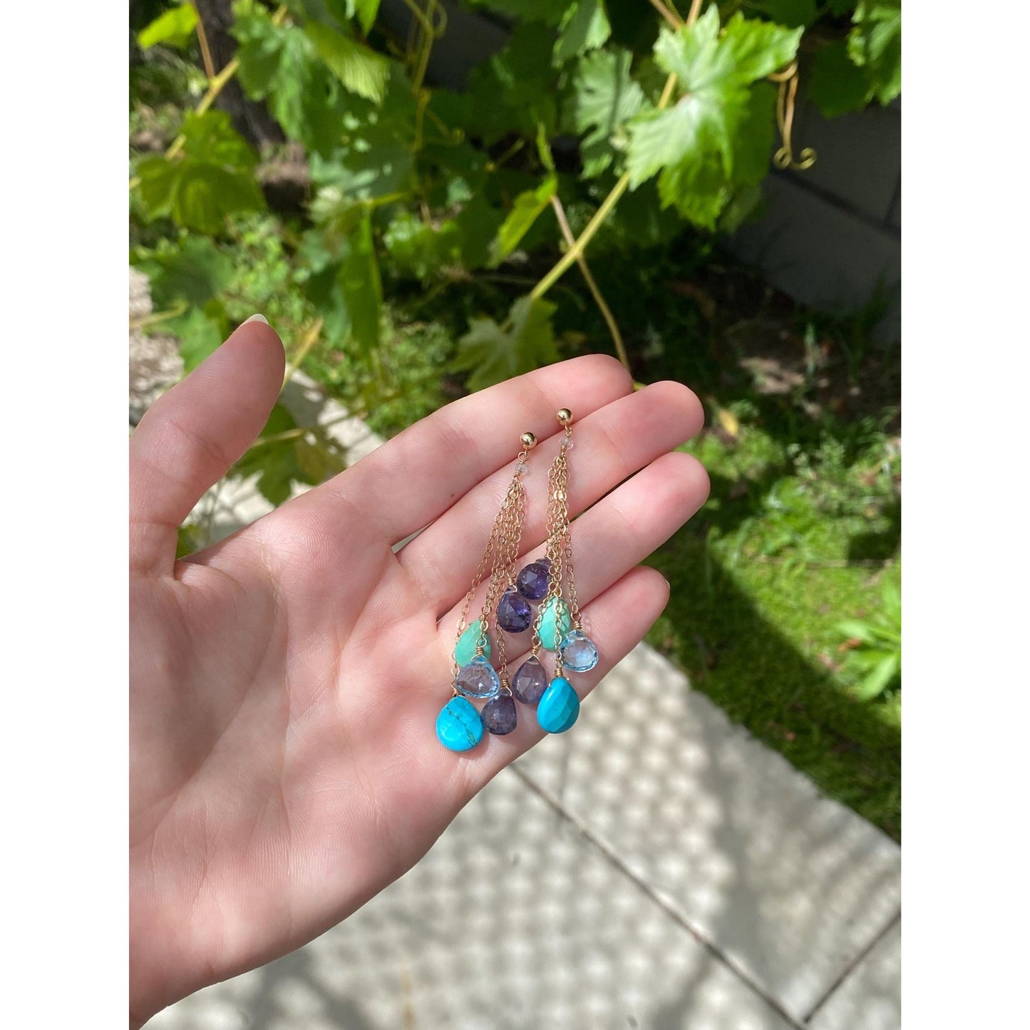 Vintage Solid 14k Yellow Gold Topaz Turquoise Amethyst Bead Chain Dangle Stud Earrings