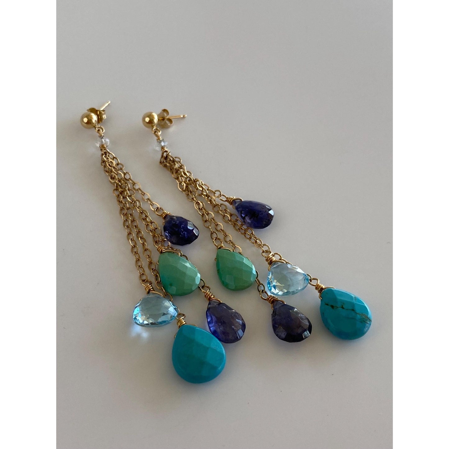 Vintage Solid 14k Yellow Gold Topaz Turquoise Amethyst Bead Chain Dangle Stud Earrings