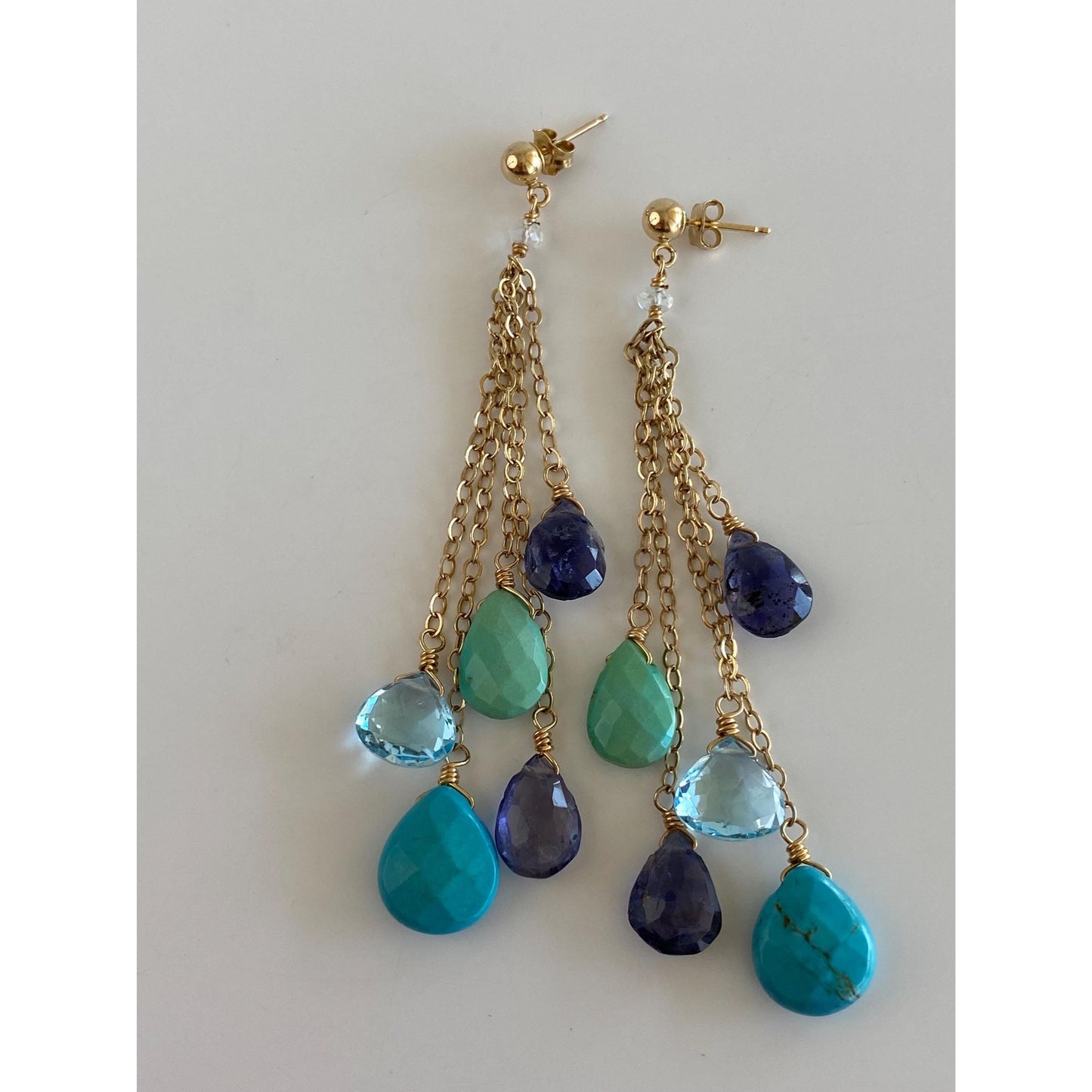 Vintage Solid 14k Yellow Gold Topaz Turquoise Amethyst Bead Chain Dangle Stud Earrings