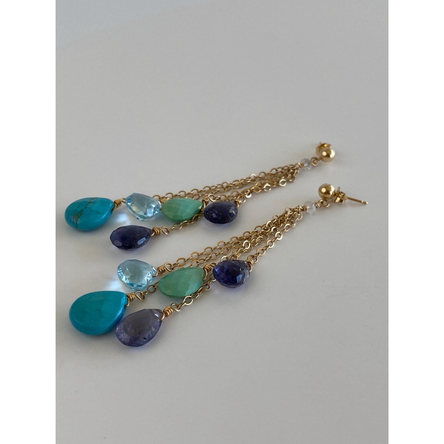 Vintage Solid 14k Yellow Gold Topaz Turquoise Amethyst Bead Chain Dangle Stud Earrings